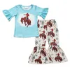 Clothing Sets Wholesale Toddler Western Horse Outfit Baby Girl Ruffle Blue Short Sleeves Top Rodeo Bell Bottom Pants Spring Children Kid Set