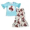 Ensembles de vêtements en gros enfant en bas âge Western Horse Outfit bébé fille à volants bleu manches courtes haut Rodeo Bell bas pantalon printemps enfants enfant ensemble