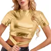 Kvinnors T -skjortor Solid Color Reflective Shiny Metallic Round Neck Short Sleeve Crop Top Shirt