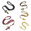 Chains Natural Wood Beads Christian Hand-woven Cross Rosary Necklace Religious Jewelry Accessries Gifts