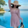 Women's Swimwear 2024 Plus Size Swimsuits Women Skirt 1 Piece Monokini Pink Mesh Bathing Suit Boyshorts Long Sleeve Spring Clothing