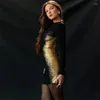 Vestidos casuais mulheres manga longa bodycon sexy mini vestido elegante ouro mudança gradual moda streetwear curto 2024