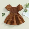 Focusnorm – robe de princesse à manches courtes, épaules dénudées, à volants, couleur unie, doublée A, taille haute, pour enfants de 1 à 5 ans