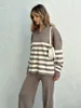 Women's Two Piece Pants Winter Knit Tracksuit Set Striped Sweater Matching Sets Women Suit Knitted For 2024