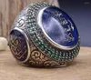 Cluster Rings Exaggerated Turkish Handmade Men Lucky Stone Islamic Muslim Allah Ring Silver Color Arabic Scripture