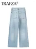 Kvinnors jeans trafza byxor för kvinnor 2024 Trend denim solida långa långa byxor kvinnlig med fickor chic och elegant bred ben