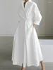 Vestidos casuais outono vestido manga longa ponto impressão elegante para mulheres 2024 branco v pescoço camisa festa maxi vestidos