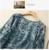 Women's Blouses Blue Floral Print Vintage O-Neck Lantern Three Sleeve Loose Blouse Shirt Korean Fashion Female Top 2024 E50