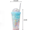 Water Bottles 550ml Cartoon Cute Rainbow Cup With Straw Double Plastic BPA Free Woman Girl Bottle For Juice Milk Coffee Drinking Tumbler