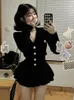 Work Dresses Korean Fashion V-nck Long Sleeve Black Knitted Cardigan Y2k E-Girl High Waist Ruched Short Skirts 2024 Two Piece Sets