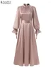 Ethnic Clothing ZANZEA 2024 Spring Women Long Sleeve Solid Satin Sundress Robe Femme Muslim Maxi Dress Dubai Turkey Abaya Hijab Ramadan