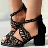 Sandals Women Boho Hollow Out Block Heels Peep Toe Back Zipper Lo Heel Fashion Dress