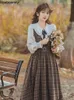 Vestidos casuais estilo formal primavera outono mulheres longo sundress v pescoço marrom xadrez sem mangas cinto vestido elegante vintage renda retalhos midi