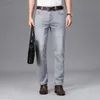 2023 marca Material fino o grueso algodón recto Stretch Denim hombres negocios Casual alta cintura gris claro azul Jeans 240124