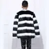 Designer Mens Winter Faux Fur Striped Warm Coat Oversized Medium Length IUX9