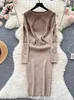 Casual Dresses SINGREINY 2024 Autumn Knitted Chic Dress O Neck Hollow Out Long Sleeves Bows Decoration Solid Women Slim Fit Bodycon Party