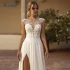 Élégant Boho dentelle robe de mariée 2024 en mousseline de soie col rond Illusion dos plage côté fendu applique robe de mariée robes De Novia 240201