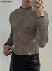 INCERUN 2023 FASION MEN Tシャツメッシュ透明なOneck長袖ストリートウェアセクシーなCamisetasフィットネスパーティーナイトクラブTシャツ240129
