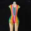 Stage Wear Femmes Party Gogo Dancer Costume Rainbow Strass Franges Body Discothèque Pole Leopard Festival Outfit XS6382