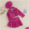 Famille correspondant tenues 4 7 ans mode enfants filles automne vêtements ensembles 3pcs bébé à manches longues bouton manteau plissé jupe à carreaux chapeau enfant Dhgxj