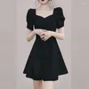 Party Dresses 2024 Summer French Elegant Runway OL Dress Women Square Neck Short Sleeved Single-Breasted High Quality Casual