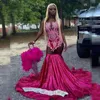 Glitter Hot Pink Prom Dresses For Black Girl 2024 Sheer Neck Beading Sequin Lace Appliques Birthday Party Gowns Vestidos De Gala