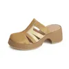 Sandalias Moda Mujer Zapatos de verano Tacones de bloque de cuero Damas Diseñador de lujo Mules Punta redonda Gatito Negro Marrón