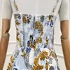 Casual Dresses 2024 Summer Women Fashion Top Quality Blue Linen Vintage Floral Print Folds Camisole Back Split Pencil Midi Dress