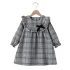 Abiti per ragazza Autunno Inverno 2024 Arrivi Ragazze carino manica lunga grigio plaid fiocco nero dolce vestito dal bambino abiti 18M-6T