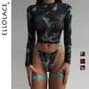 Ellolace Tie Dye Lingerie med långärmad toppar spets se genom sensuella erotiska uppsättningar 4delar sexiga sömlösa underkläder 240127
