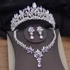 Prachtige Paarse Kristallen Bruidssieraden Sets voor Vrouwen Zilveren Kleuren Tiara Oorbellen Kettingen Bruiloft Kroon Set Mode 240202