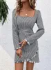 Vestidos casuais elegante houndstooth franjas vestido curto mulheres moda colar quadrado puff manga outono magro preto irregular 2024