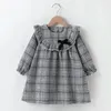 Abiti per ragazza Autunno Inverno 2024 Arrivi Ragazze carino manica lunga grigio plaid fiocco nero dolce vestito dal bambino abiti 18M-6T