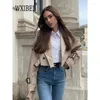 Women's Jackets WXIBEI 2024 Fashion Khaki Cropped Coat Vintage Solid Long Sleeve Button Jacket Tops Female Casual Streetwear Coats FC911