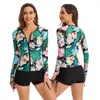 Roupa de banho feminina manga longa duas peças surf maiô feminino 2024 cordão floral feminino rash guards nadar beachwear maiô