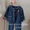 Ensembles de vêtements Costume coréen pour filles Vêtements de printemps de 1 à 8 ans Veste en jean Pantalon à jambes larges Loisirs Automne Deux pièces Ensemble
