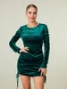 Freizeitkleider Damen Samt Figurbetontes Kleid Langarm Rundhalsausschnitt Einfarbig Enger Mini-Seitenkordelzug
