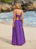Casual Dresses Floral Print Knutad Maxi Dress for Women Sexig V-ringning Back Tie Holiday Beach A-Line 2024 Summer Female Sundress