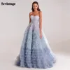 Sevintage Blue Prom Dresses Tiered Ruffles Tulle Pleat Ruched A-Line Backless Saudi Arabic Women Party Evening Gowns 240201