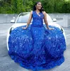 Paljett Royal Mermaid Blue Prom Dresses 2024 Sheer Neck Plus Size Beades Födelsedagsfestklänningar för svarta flickor Rygglösa afrikanska kvinnor Vestidos de Gala