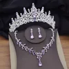 Lindo conjunto de joias de noiva de cristal roxo para mulheres cores prateadas tiaras brincos colares conjunto de coroa de casamento moda 240202