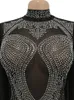 Bonnie Forest Sparkle Black Rhinestones Mesh Shift Long Sleeve Jumpsuits Women Rompers Glitter Skinny Crystal Jumpsuits Clubwear 240129