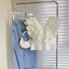 Sukienki robocze Zestawy spódnicy Modna 2-częściowy zestaw dla kobiet w szpic słodki bluzka Bluzka Wysoka nieregularne dżinsowe spódnice