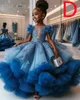 2024 Blue Lace Crystals Flower Girl Dresses Ball Gown Tulle Tiers Luxurious Little Girl Christmas Peageant Birthday Dopning Tutu Dress Gowns ZJ426