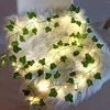 Fleurs décoratives 2 mètres fausse feuille verte lierre vigne avec lumières LED chaîne pour la maison chambre décor mariage brillant décoration de plante artificielle