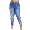 Pantaloni da donna inverno bel fiore finto denim jeans donna tasche skinny pantaloni abbigliamento di alta qualità taglie forti L-6XL 2024