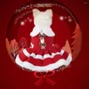 Vestido de gola de pele de vestuário de cachorro festivo com bom trabalho de acabamento Bells Bowknot Decor for Christmas Cat Holiday
