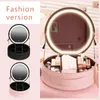 Cosmetic Bags Round Case With Mirror LED Light Women Ladies Wash Bag Waterproof Large Capacity PU Leather Fashion Makeup Storage Box