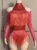 Bühne Tragen Stil Rot Sparkly Strass Frauen Bodysuit Sexy Bar Party Quaste Anzug Singen Leistung Nachtclub Show Outfit