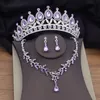 Lindo conjunto de joias de noiva de cristal roxo para mulheres cores prateadas tiaras brincos colares conjunto de coroa de casamento moda 240202